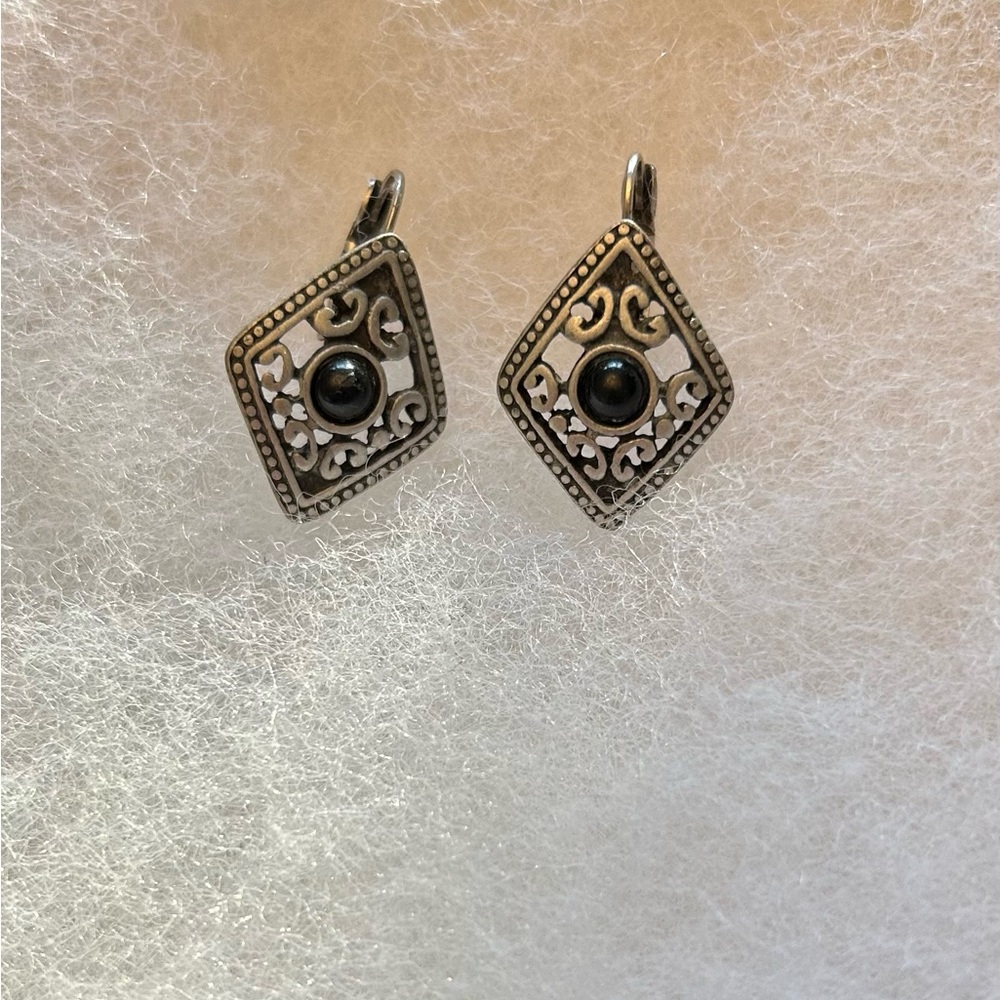 Silver with  Black Stone Pierced Earrings